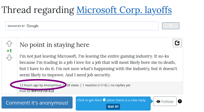 No point in staying here. I'm not just leaving Microsoft, I'm leaving the entire gaming industry. It su-ks because I'm trading in a job I love for a job that will most likely bore me to death, but I have to do it. I'm not sure what's happening with the industry, but it doesn't seem likely to improve. And I need job security.