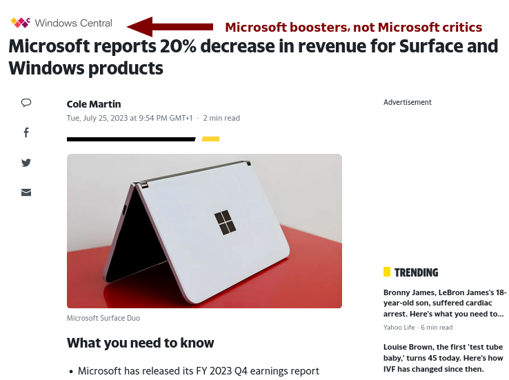 Windows crisis: Microsoft reports 20% decrease in revenue for Surface and Windows products: Microsoft boosters, not Microsoft critics